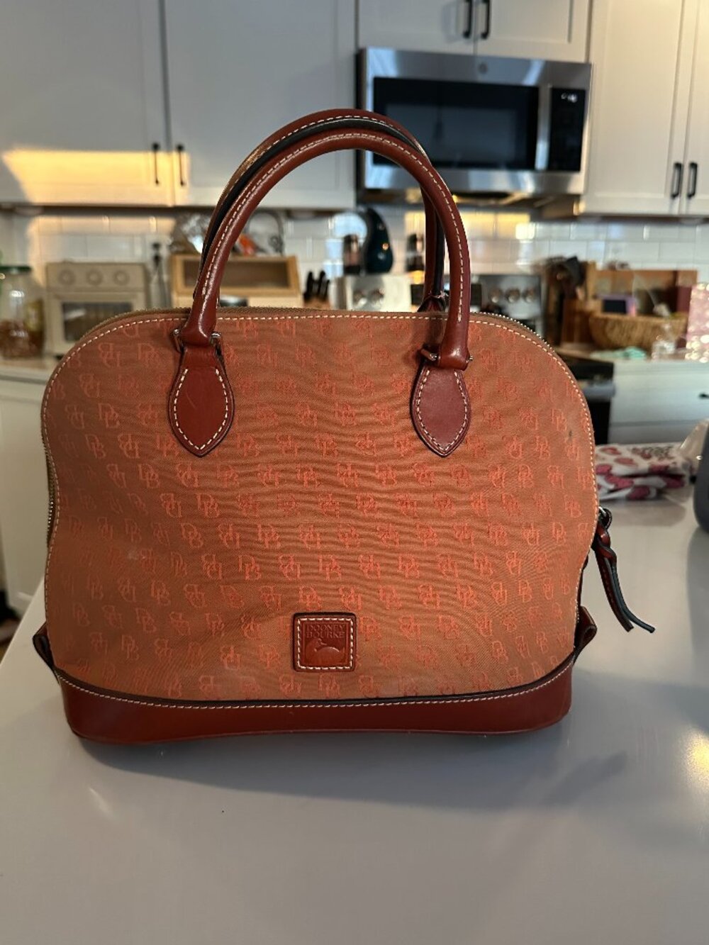 Vintage Dooney and Bourke Domed Signature Monogram Satchel with leather trim
